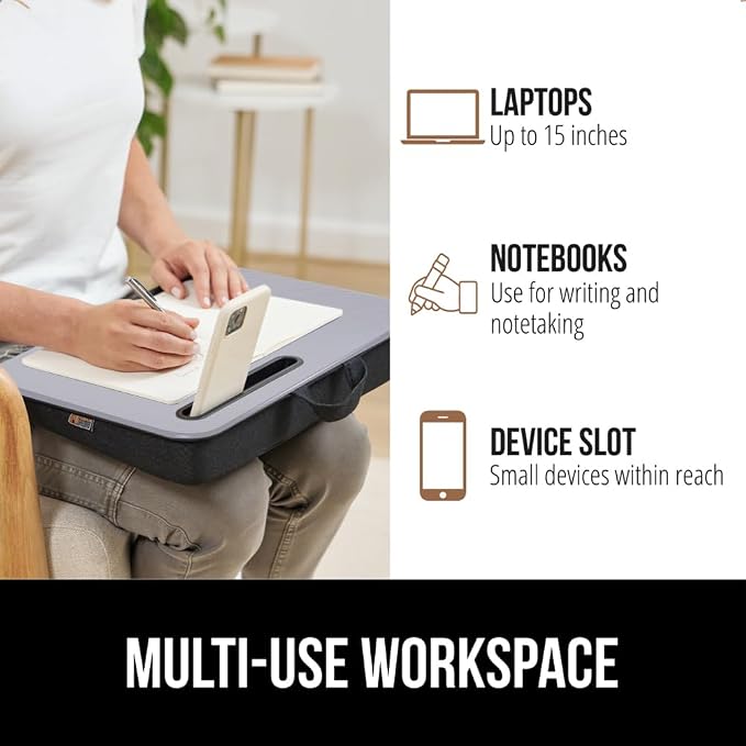 GORILLA GRIP Laptop Lap Desk with Phone Holder, Pillow Cushion Desks Fit Laptops up to 15.6", Tray Ledge Keep Computers in Place, Portable Travel Workstation Essentials for Home, Dorm Room, Gray - Image 6