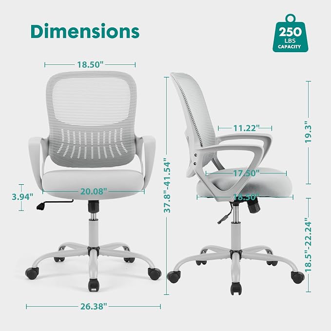 OLIXIS Home Office Chair, Mesh Desk Chair, Ergonomic Lumbar Support | Mid Back Computer Ergonomic, Height Adjustable Swivel Task, Large Seat Armrest, Adults, Grey - Image 2