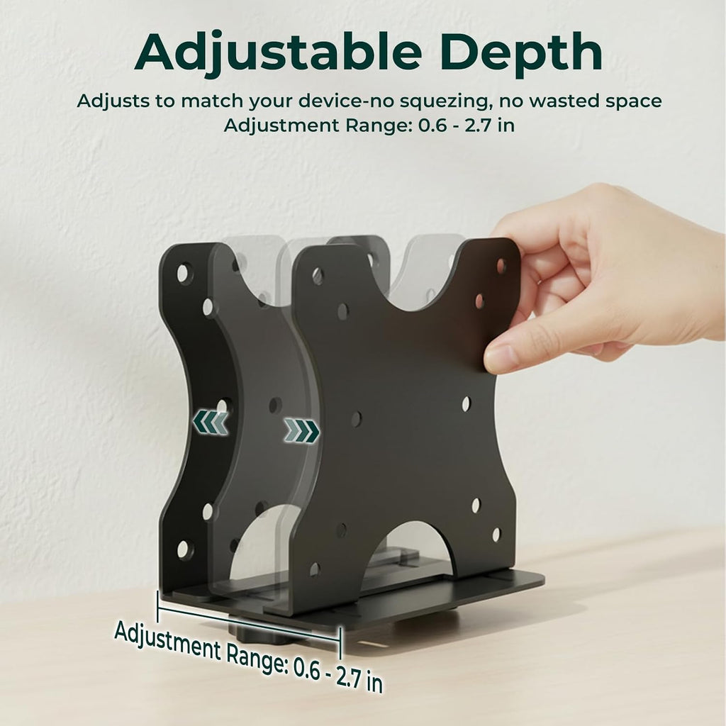 Adjustable Mini PC Vesa Mount Bracket Behind Monitor, Under Desk, Attached to Monitor Arm, Wall or Stand Pole for HP, Dell, KAMRUI, Mac Mini, GMKtec, Cable Boxes, Wi-Fi Routers and Small CPUs - Image 4