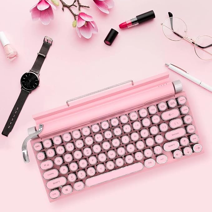 Adventurers Typewriter-Style Retro Mechanical Keyboard LED Backlight 83 Keys Bluetooth 5.0 Blue Axis,Compatible with iOS/Android/Windows/Vista/Linux/Mac Office/Gaming, 12.3x6.6x1.6in (Pink) - Image 2