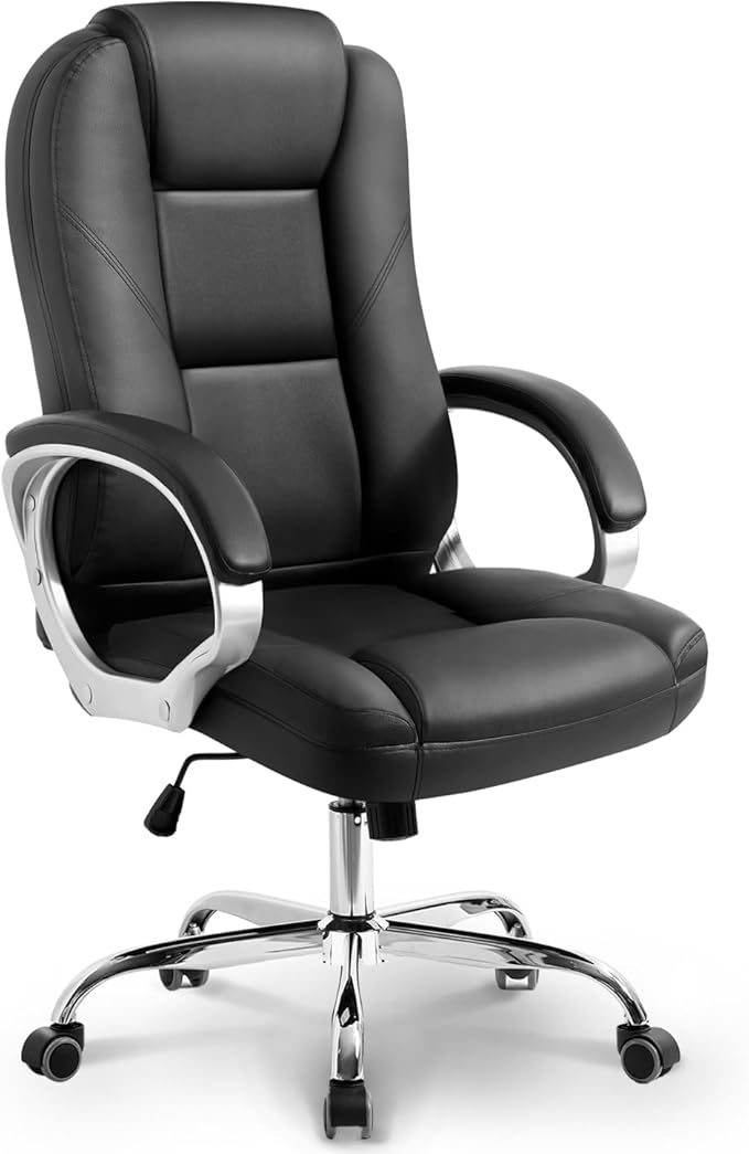 NEO CHAIR Office Desk Chair PU Leather Chair with Lumbar Support, Jet Black | Ergonomic High Back Executive Computer Chair, Comfortable Padded Fixed Armrests Swivel Chair with Wheels for Office/Home by NEOCHAIR