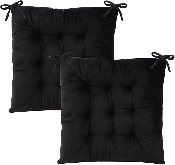 Set of 2 Chair Cushions for Dining Chairs with Ties, Indoor Non-Slip Kitchen Chair Pad and Dining Room Seat Cushion Mat for Office Living Room Outdoor 15.5" - Black by MissSoul