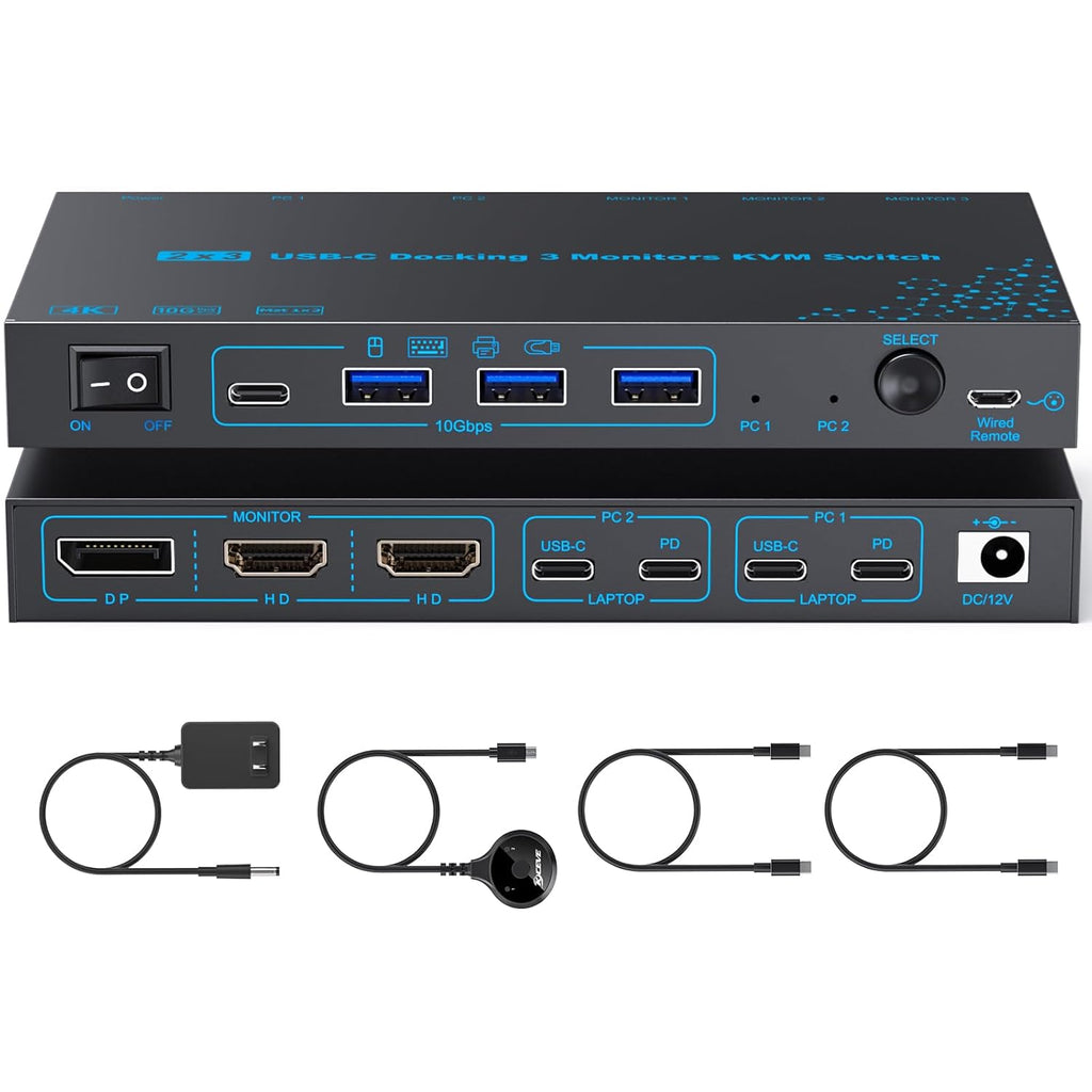 USB-C KVM Switch 3 Monitors 2 Laptops MST Dual USB-C Docking Triple Monitor by DXchip