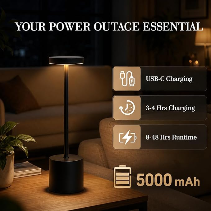 Cordless Table Lamp Set of 2, 5000mAh Rechargeable Lamp with Touch Control & Stepless Dimming, 3 Light Modes, IP54 Waterproof Portable Light for Dining Table, Patio, Bedroom, Power Outage (Black) - Image 5
