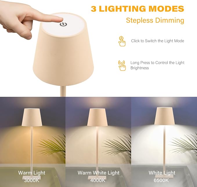 CHLORANTHUS 2 Pack Cordless Table Lamps, 3 Colors Stepless Dimming, 5000mAh Rechargeable Battery LED Desk Lamp for Bedroom/Couple Dinner/Desk/Cafe/Dining Room/Terrace - Image 2