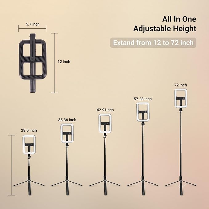 NEEWER Basics 10W Selfie Light with Tripod Stand, 1200mAh LED Square Ring Lighting, 72" Selfie Stick Phone Holder Compatible with iPhone, CRI90 3 Modes Remote for Travel Vlog Video Recording, NL100B - Image 8