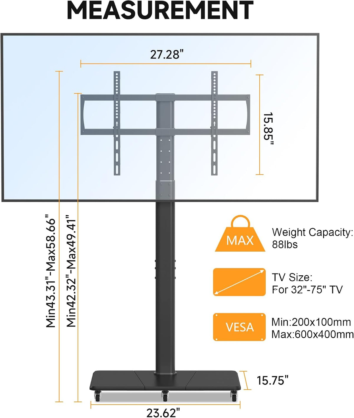 Tall Floor TV Stand for 32-75" TV Portable Rolling TV Cart with Wheels Height Adjustable with Wood Base, Holds up to 88 lbs, Max VESA 600x400mm TS005HB - Image 3