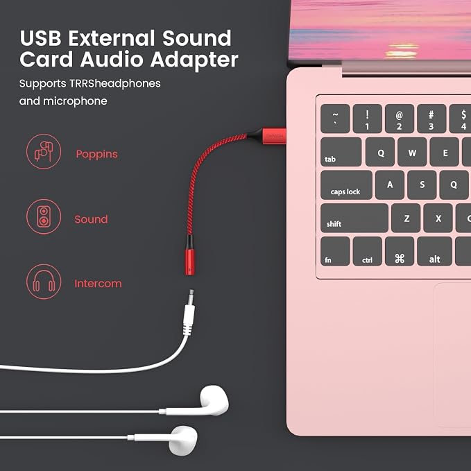 MOSWAG USB to 3.5mm Jack Audio Adapter, USB to Aux Cable with TRRS 4-Pole Mic-Supported PC Headphone AUX Adapter External Sound Card for PC PS4 PS5 and More (0.65Ft/20cm(2pack), Red) - Image 3