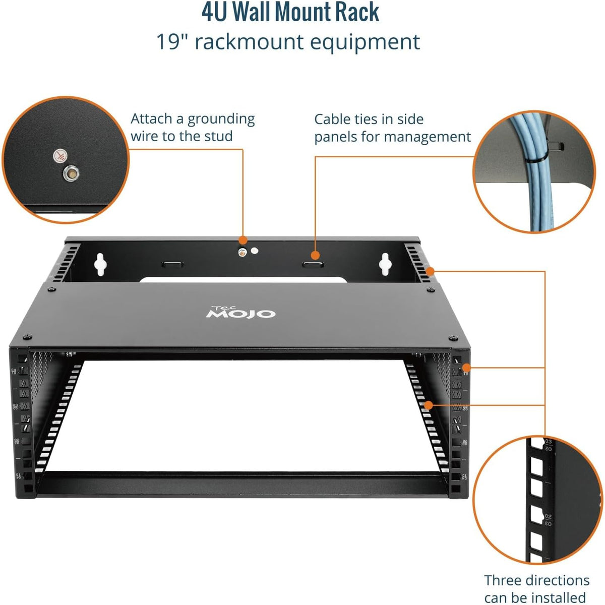 Tecmojo 4U Wall Mount Rack,4U Rack 13.9 inch Depth,132lbs(60kg) Weight Capacity,19" Network Rack for Shallow Server and IT Equipment, Network Switches,Patch Panel Bracket,Black - Image 4