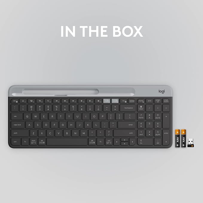 Logitech K585 Slim Wireless Keyboard with Built-in Phone Cradle - Graphite | Bluetooth with included USB receiver, connects 2 devices, cradle can hold smartphone or tablet up to 10 in. in landscape mode - Image 11