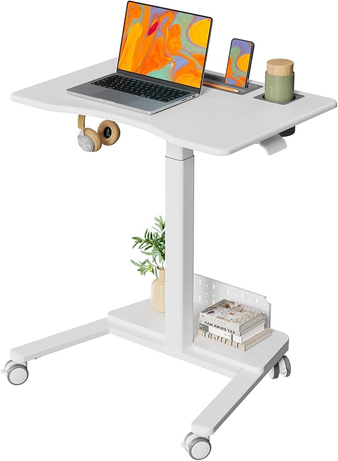 28" Mobile Standing Desk with Storage, Rolling Laptop Desk | Height Adjustable Portable Desk with Wheels & Cup Holder, Stand up Desk for Study, Ideal for Home Office, Classroom, White by JYLHJOYSEEKER