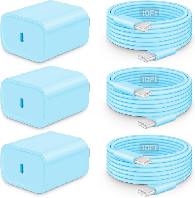 20W Fast Charger for iPhone 17/16/15 with 10FT Cable [3-Pack] - Blue | USB-C Wall Charger & C-to-C Cable, Compatible with iPhone 17/16/15 Series, USB-C iPad Pro/Air/Mini & More by CXX