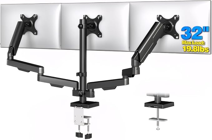 Rfiver Triple Monitor Arm Desk Mount for 17-32" Screens, VESA 75/100mm | Holds up to 19.8lbs per Arm, Full Motion Tilt, Swivel, 360 Rotation, Extra Tall Pole, C-clamp/Grommet Base by Rfiver