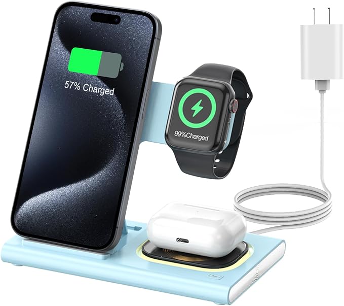 3 in 1 Foldable Wireless Fast Charging Station for Apple Multiple Devices | iPhone Charging Station for iPhone 17, Travel iWatch Charger Stand, Light Nightstand Charging Dock for Apple Watch/Airpods by Aresh