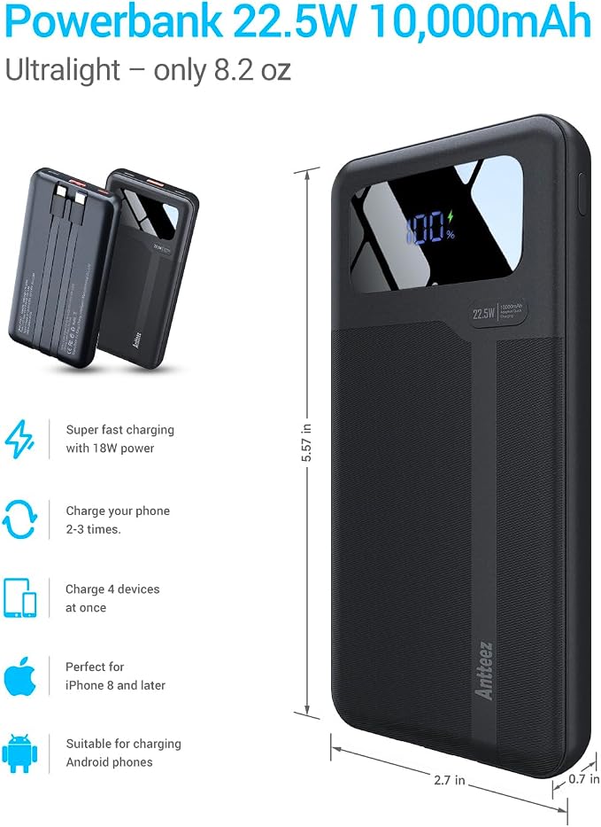 Antteez Portable Charger 10,000mAh, Power Bank Fast Charging with Built-in Cables, 22.5W USB C Travel Battery Pack, LED Display & 4 Outputs, Compatible with iPhone, Samsung, iPad - Image 3