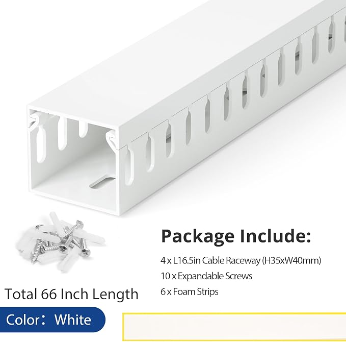 1.4"H x 1.6"W Cable Raceway, 66in Under Desk Wire Management Channel, White | Slotted Wire Duct, 4Pack, 16.5in Each, Heavy-Duty PVC Cable Management for Server Racks, Network Cables & Electrical Cabinets - Image 5