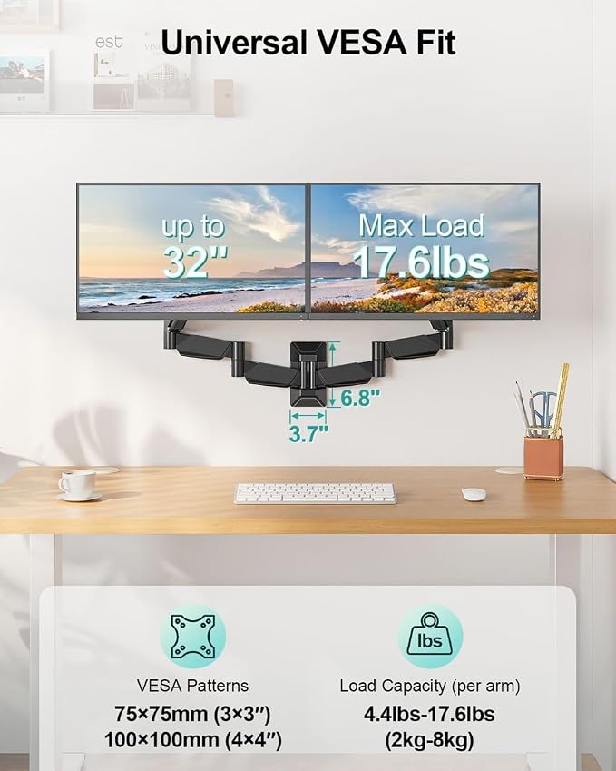 Long Arm Dual Monitor Wall Mount for 17-32" | 27.1" Extra Long Monitor Mount Holds up to 17.6 lbs Each Gas Spring Wall Monitor Arm Full Motion VESA Mount, 75/100, Black - Image 4