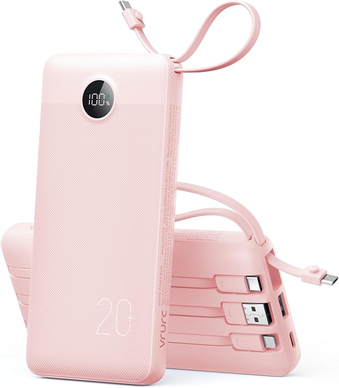 VRURC Portable Charger 20000mAh 4-Built-in-Cable Fast Charging Power Bank | Battery Protection,Flight-Approved,USB-C Cable,22.5W PD,Slim,Travel Essentials,Battery Pack for iPad,iPhone,Galaxy,Pink by Home