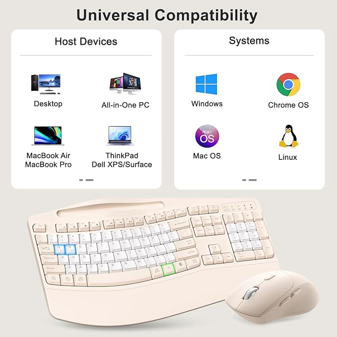 Wireless Keyboard and Mouse Combo, Ergonomic Wave Keys(Milk Tea-B) | 2.4G Full Size Keyboard with Wrist Rest, Phone Holder, 3-Level DPI Silent Mouse with 6-Buttons,for Windows/Mac OS/Laptop - Image 8