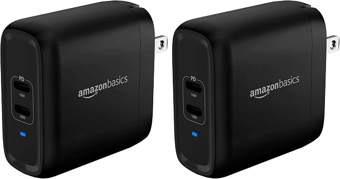 Amazon Basics 36W Dual Port USB-C Wall Charger with Power Delivery, Foldable Plug, for Tablets & Phones (iPhone 15/14/13/12/11/X, iPad, Samsung, and More), Non-PPS, 2.34 x 2.21 x 1.09 inches, Black by AmazonBasics