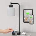 Industrial Bedroom Table Lamps for Bedside - White Opal Glass Shade Desk Lamps with USB C Port, Fully Dimmable Black Lamps with USB Port and Outlet, Reading Nightstand Lamp for Office Living Room by Innqoo