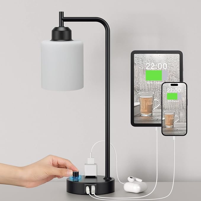 Industrial Bedroom Table Lamps for Bedside - White Opal Glass Shade Desk Lamps with USB C Port, Fully Dimmable Black Lamps with USB Port and Outlet, Reading Nightstand Lamp for Office Living Room by Innqoo