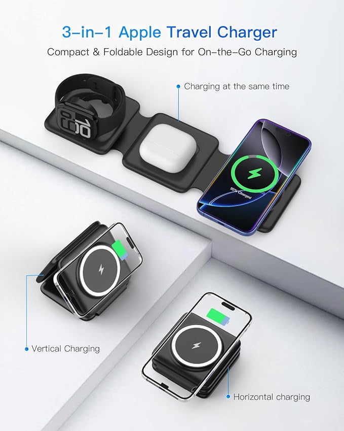 Magnetic Wireless Charger for iPhone: Fodable 3 in 1 Charging Station for Multiple Apple Devices - Travel Charging Pad Dock for Apple Watch iPhone 17 16 15 14 13 12 Pro Max Plus & Airpod - Image 3