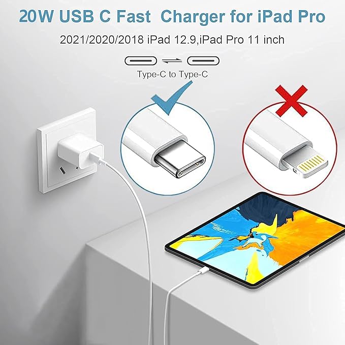USB C iPad Fast Charger for iPad Pro 13/12.9/11 in 2025/2024/2022/2021/2020/2018,iPad Air 4th/5th Gen,Mini 6th/A17 Pro,iPad 10/A16,20W Wall Fast Charger Block with Extra Long 10FT USB C to C Cable - Image 2