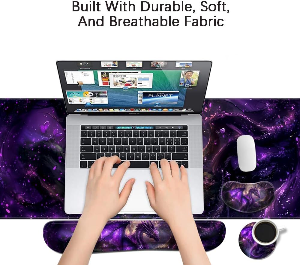 MIBITRI Keyboard Mouse Pad Set, Extended Gaming Mouse Pad+Ergonomics Keyboard Wrist Rest Support, Memory Foam, Easy Typing Pain Relief, 4Pcs XXL Ultra Thick Desk Mat, Dragon - Image 6
