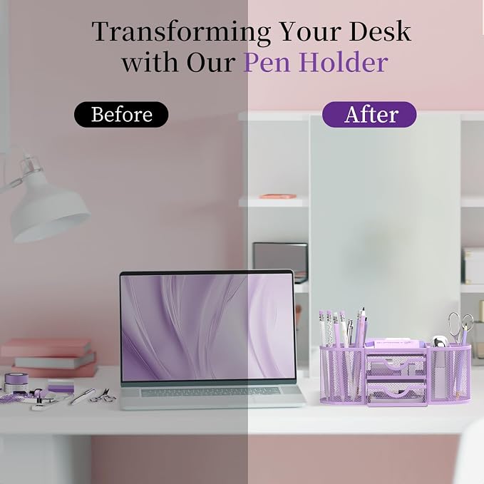 Mesh Desk Organizer, Pen Holder for Desk with 2 Drawers, Purple | Desk Organizers and Accessories with 8 Compartments and 2 Drawers, Pencil Holder for Desk for Small Office Supplies - Image 7