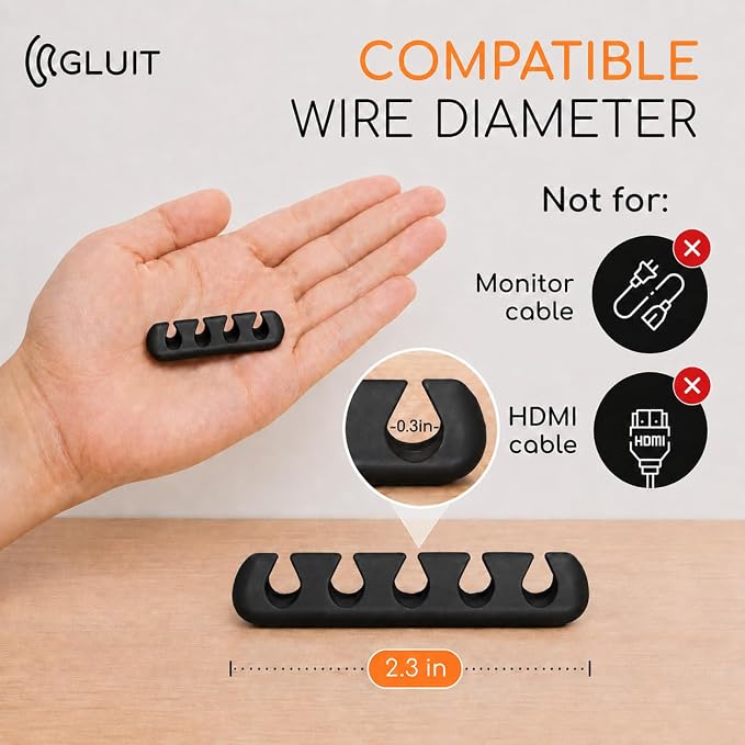 Cord Organizer for Desk, Nightstand Cable Holder, 5 Pack, Multislot, Black | GLUIT Adhesive Charger Organizer, Cable Management for Desk Car Office Home College Dorm Room Cable Clips for Cords - Image 4