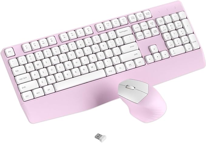Ergonomic Wireless Keyboard and Mouse Combo with Wrist Rest (White Pink) | COVEVA Full Size Keyboard with 12 Dedicated Shortcuts, Smart Auto-Sleep, 2.4GHz Receiver, Natural Typing for PC Laptop by COVEVA