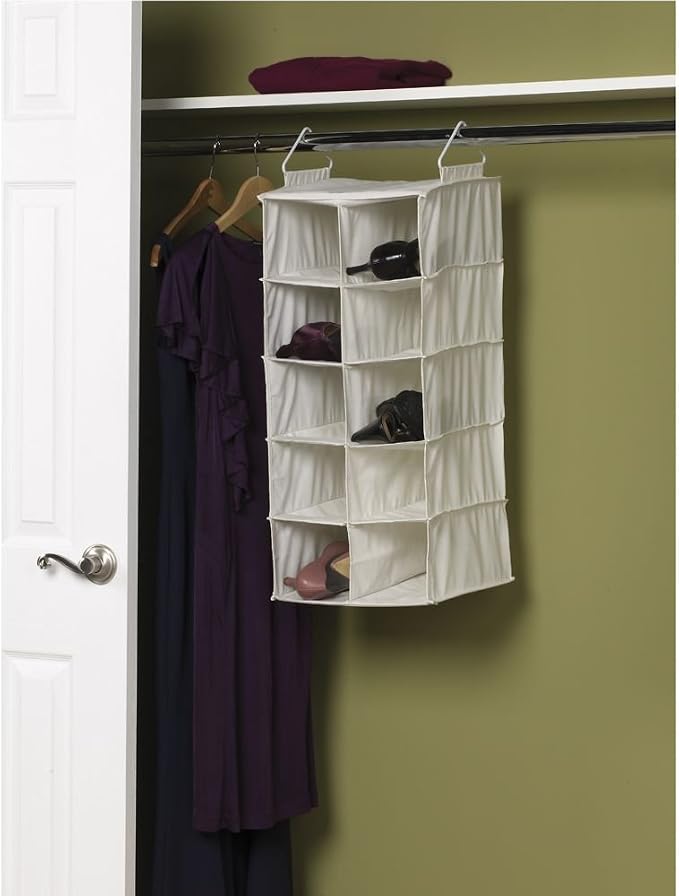 Household Essentials 311344 10 Pocket Hanging Shoe Storage Organizer for Closets | Natural Canvas - Image 2