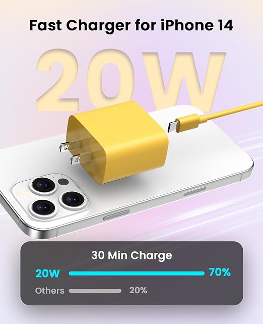 iPhone Charger Fast Charging, USB C Charger Block, 6FT/10FT Lightning Cable | For Apple iPhone 14/13/12/11 Series, 2-Pack USB C to Lightning Cables, AirPods with Lightning Charging Case,Yellow - Image 2