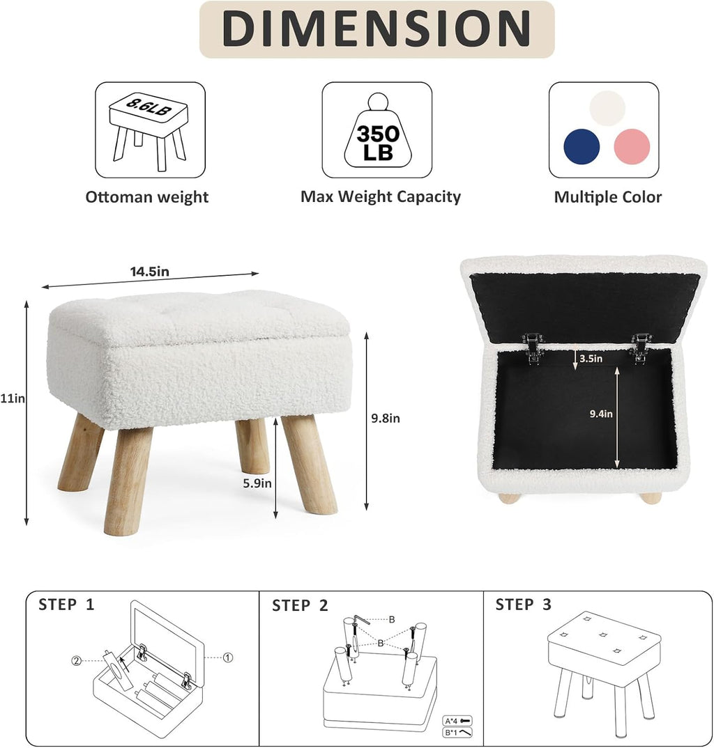 Storage Ottoman, Small Foot Stool Ottoman with Storage, Boucle Teddy Velvet Foot Rest with Padded Seat, Sturdy Wood Legs Stool for Living Room, Bedroom, Couch, Enterway (Cream) - Image 3
