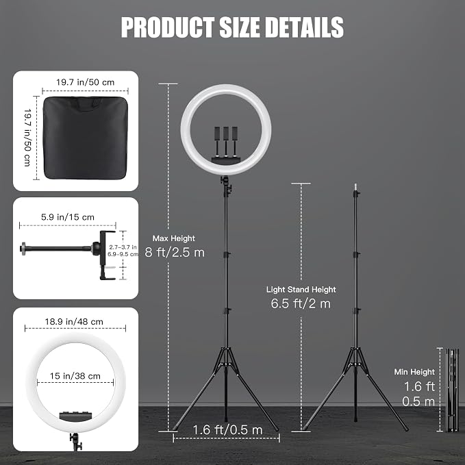 Ring Light with Stand and Phone Holder, 19" Ring Light Tripod for iPhone, Professional LED Circle Light with 78" Tripod, Selfie Ringlight for Live Streaming, Makeup, Barber, TikTok, YouTube, White - Image 4