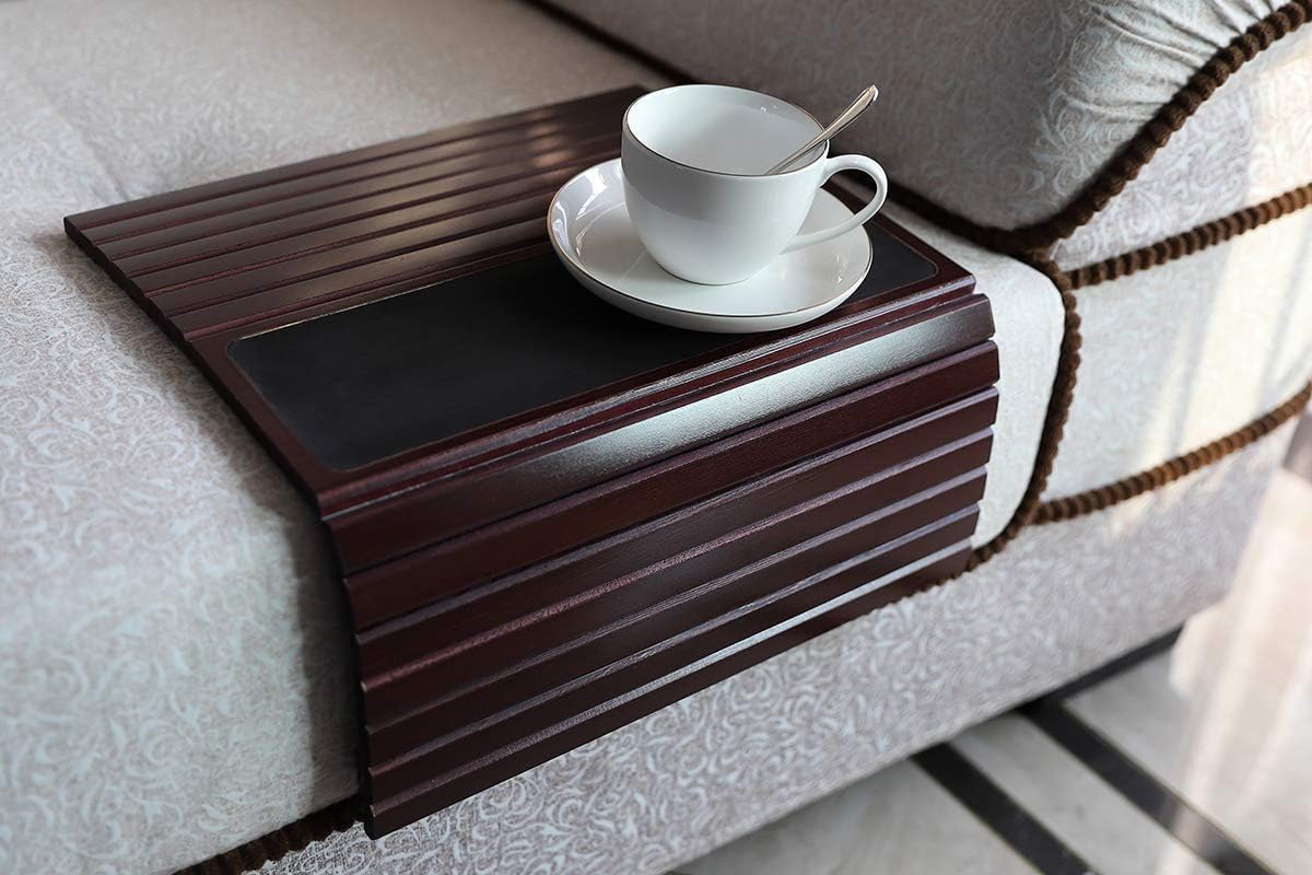 Bamboo Couch Arm Tray Table, Foldable Sofa Arm Tray Reddish Brown - Image 4