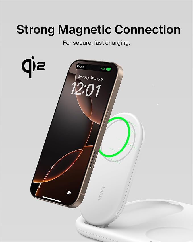 Belkin Qi2 Magnetic Wireless Charging Station, 3 in 1 Foldable Charger | MagSafe compatible, Apple Watch, AirPods, Qi2 certified, wireless charging station, travel stand - Image 4