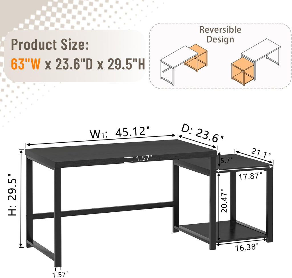 Large Home Office Desk, Black Computer Desk with Storage Shelves, Modern Wood Writing Study Gaming Table for Bedroom Living Room, 63 Inch - Image 2