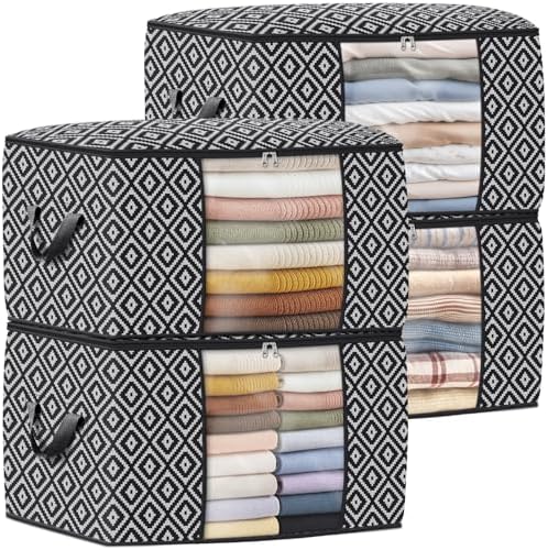 100L 4 Pack Storage Bags, Foldable Clothes Bins with Clear Window, Black | Blanket Storage Containers with Reinforced Handles for Bedding, Comforters, Clothing, Quilts and Closet Organization by StorageTastic