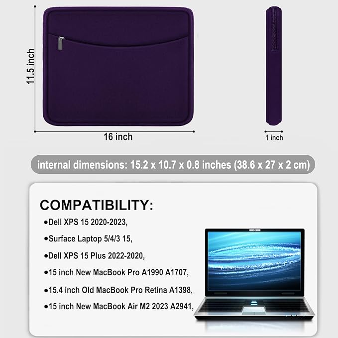 Laptop Sleeve Case 15.6 inch, Shockproof Protective Laptop Cover Carrying Computer Bag with Accessory Pocket Portable Computer Sleeve Compatible with HP, Dell, Lenovo, Asus, Dark Purple - Image 4