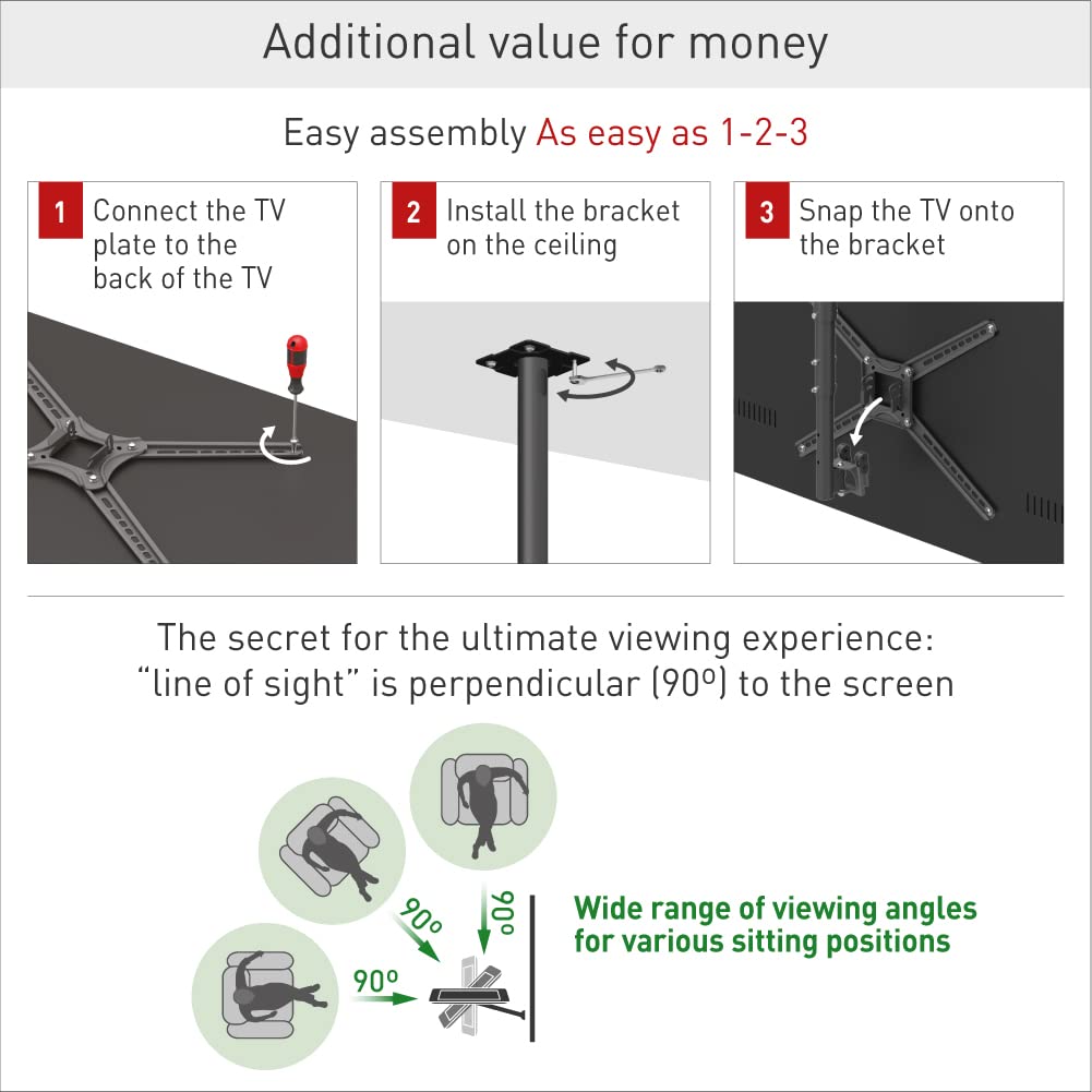 Barkan 38'' Long TV Ceiling Mount, 13-65 inch Full Motion - 3 Movement Flat/Curved Screen Bracket, Holds up to 88lbs, Telescopic Height Adjustment, Fits LED OLED LCD - Image 4