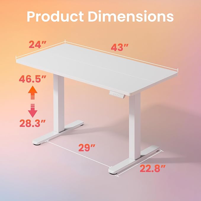 HUANUO 43x24 Inch Electric Standing Desk, Height Adjustable, White | 176 Lbs Capacity, Smooth Home Office Desk, 4 Memory Presets & Headphone Hooks, 28.3–46.5 Inch Height Range, Easy to assemble - Image 3