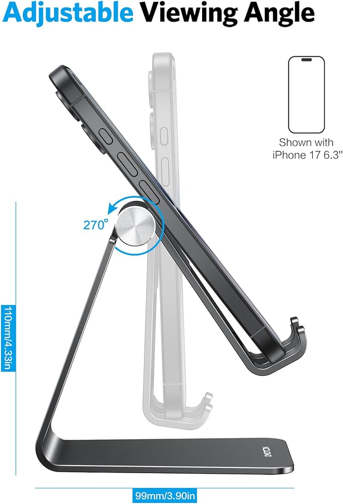 OMOTON C2 Adjustable Aluminum Cell Phone Stand with Charging Cutout, Black | Sturdy 3mm Base with Non-Slip Silicone Pads, Multi-Angle, Works with 19mm Thick Cases Smartphones, Desktop Recording Facetime - Image 4
