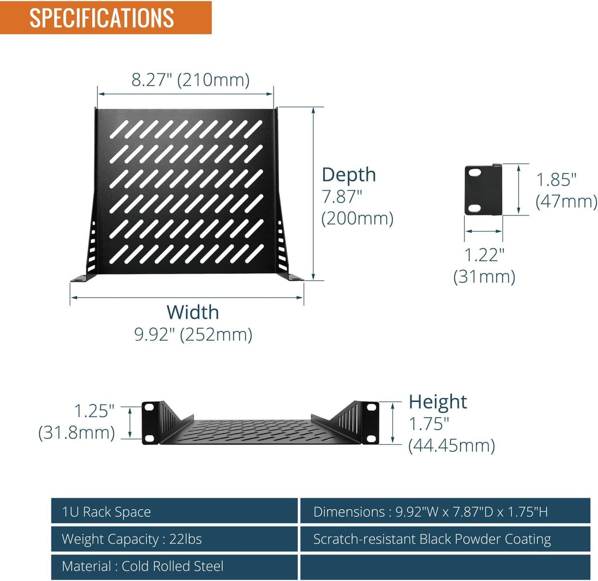 Tecmojo 1U Rack Mount Shelf for 10" Server Rack, 7.87" Deep Vented Cantilever Tray, Metal Shelf for Network Cabinet, Server Enclosure, Enhanced Airflow, Black - Image 4