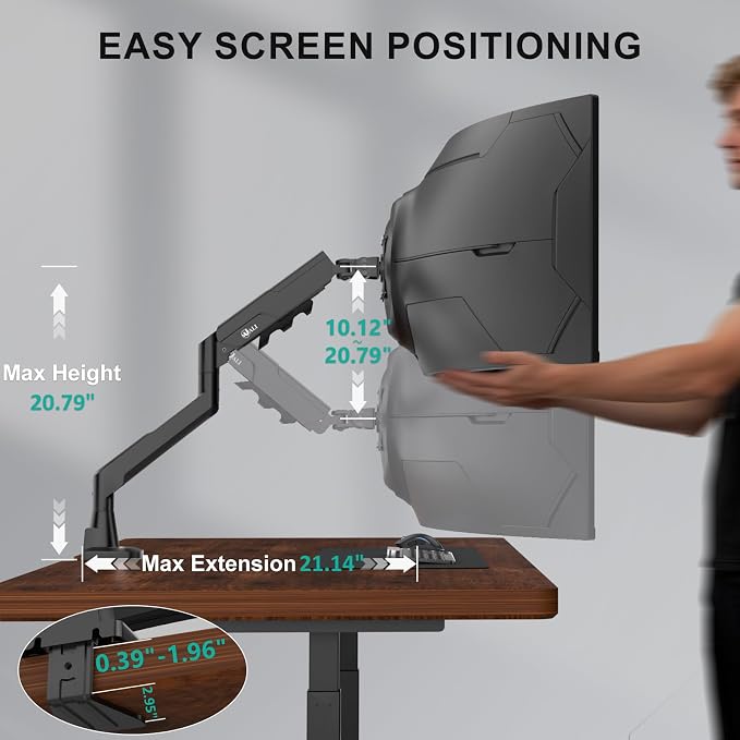 WALI Ultrawide Single Monitor Arm for 17-49 inch Curved Screen, up to 33lbs | Heavy Duty Monitor Desk Mount, Full Motion with Tilt, Swivel, Rotation, C-Clamp/Grommet Base, VESA 75/100mm (GSM001XLN),Black - Image 6