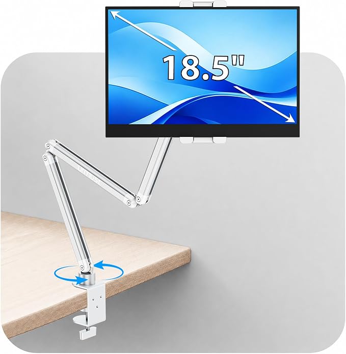 Portable Monitor Stand up to 18.5", iPad Stand for Desk, Silver | Aluminum Arm, Portable Monitor Holder 15.6", Adjustable Desktop Tablet Mount, Second Screens by Urmust
