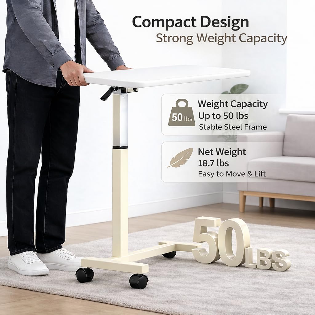 Adjustable Overbed Table with Wheels, Pneumatic Height Lift Rolling Bedside Table, Standing Desk for Home & Office Use, Ideal for Seniors & Limited Mobility(White) - Image 3