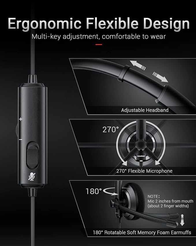 awatrue Wired Headset with Microphone for PC Laptop - 3.5mm Jack On Ear Headphones with Noise Cancelling Microphone for Boom Skype Webinars, in-line Control,Comfortable - Image 3