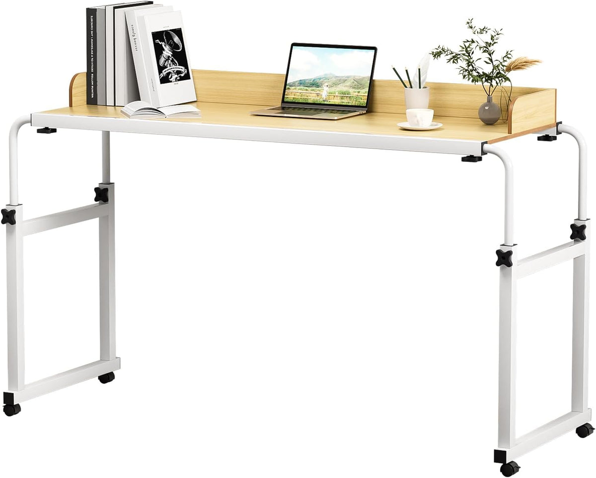 Adjustable Height Overbed Table, Rolling Overbed Bedside Desk with Raised Baffle and Spacious Desktop, Over BedTable with Wheels for Home Office Bedroom Hospital Use (Wooden Color1) - Image 6